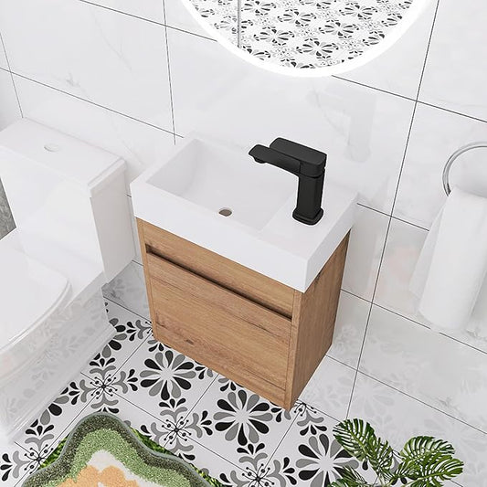 18 Inch Small Bathroom Vanity with Sink, 18" Floating Bathroom Vanity for Small Space, Wall Mounted Cabinet Set with Resin Basin Sink, Soft Close Door (IMO, 005-18" W X 10" D)