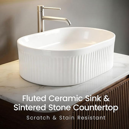 30" Preassembled Floating Bathroom Vanity with White Sink, Walnut | Mid-Century Modern Style, Fluted & Soft-Close Drawer with U-shaped Wall, Sinterted Stone Countertop, Towel Rack Included