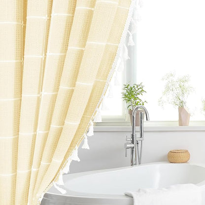 Yellow Cream Boho Farmhouse Shower Curtain for Bathroom 72x72 | 320 GSM French Country Plaid Tassel Shower Curtain, Rustic Aesthetic Bathroom Decor Windows Curtain