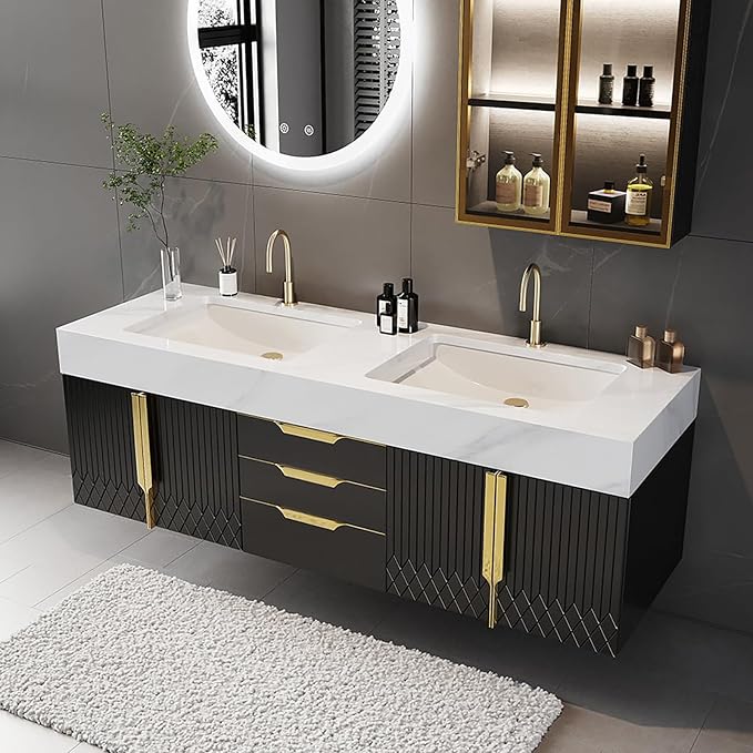 Bathroom Vanity with Sink, Modern Bathroom Vanity with Faux Marble Top, Gold Hardware & Soft-Close Drawers for Bathroom Storage (59.1 Inch, Black, Double Sink & Floating)