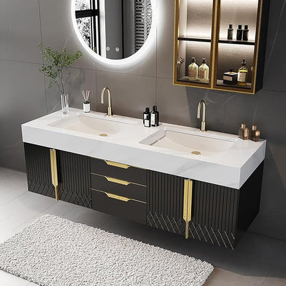 Bathroom Vanity with Sink, Modern Bathroom Vanity with Faux Marble Top, Gold Hardware & Soft-Close Drawers for Bathroom Storage (59.1 Inch, Black, Double Sink & Floating)