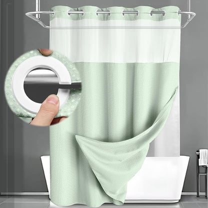 No Hook Shower Curtain with Liner Set Hotel Waffle Mint Green 72W X 75L | Washable Snap in Fabric Liner, Mesh Top Window, Waffle Hotel Style Shower Curtain Set