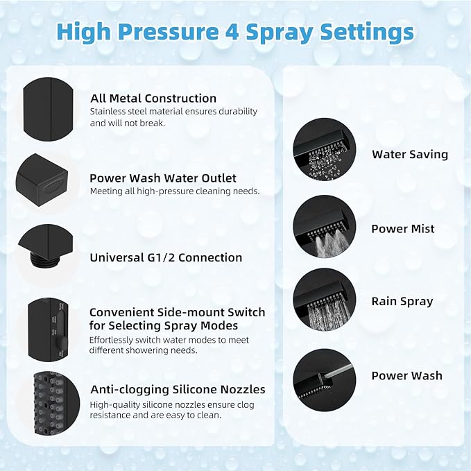 Hibbent All Metal CUPC Certified 8'' Rainfall Shower Head, Dual Shower Head Combo, High Pressure Handheld 4 Sprays Shower Wand, 16'' Adjustable Extension Arm, 71'' Hose, Shower Holder, Matte Black