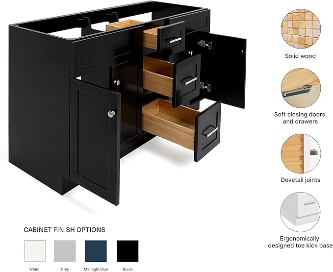 ARIEL Hamlet 60-inch Bathroom Vanity Base Cabinet,Solid Wood, 4 Soft Closing Doors, 3 Dovetail Drawers, Brushed Nickel, Black