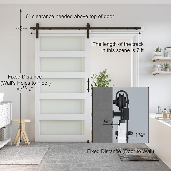 SMARTSTANDARD 42 x 96 in Glass Barn Door with 7FT Sliding Hardware Kit | Pre-Drilled Ready to Assemble, Waterproof PVC Coating, White, 5-Panel Glass