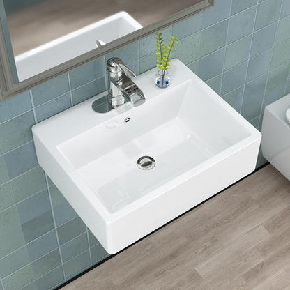21"x16" White Ceramic Wall Mount Floating Bathroom Vessel Sink | Wall Mount Bathroom Sink Rectangle Vanity Vessel Bathroom Sink
