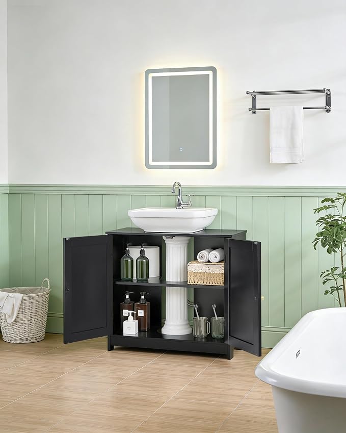 Bathroom Vanity Sink Cabinet, Under Sink Storage Cabinet with 2 Doors, Waterproof Pedestal Sink Cabinet for Bathroom, Laundry Room, Kitchen, Black with Adjustable Shelf