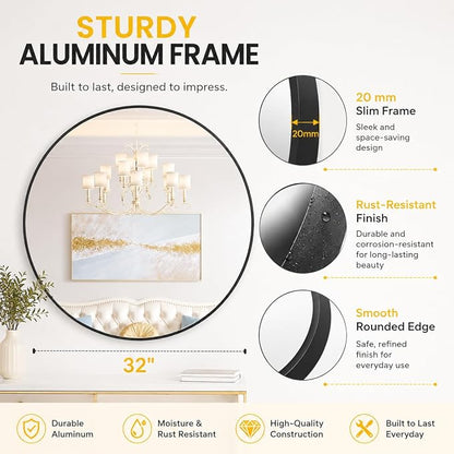 Garvee 20 Inch Round Wall Mirror Black Metal Frame Circle Design Bathroom Decor