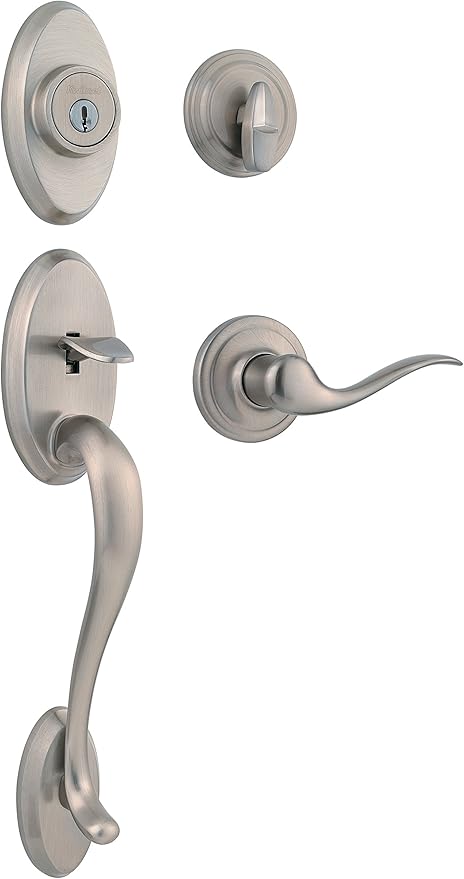Kwikset Shelburne Front Door Lock Handle and Deadbolt Set, Entry Handleset Exterior with Interior Reversible Lever, Satin Nickel, Pick Resistant SmartKey Rekey Deadbolt Security
