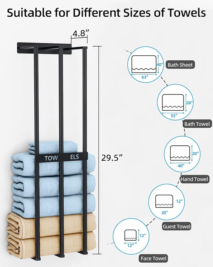 Bethom Towel Racks for Bathroom, Towel Storage Holder Space Saving, Black | 30 Inch Towel Rack for Rolled Towels, Modern Minimalist Style, Rust-Proof, Perfect for narrow shower wall & compact bathrooms