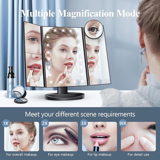 HUONUL 2X/3X/10X Magnifying Vanity Mirror with Light, Trifold Makeup Mirror | Touch Dimming, Dual Power, Clear View for Makeup, Skincare. Dorm Room Essentials. Birthday Gifts for Women, Mom, Wife, Girls