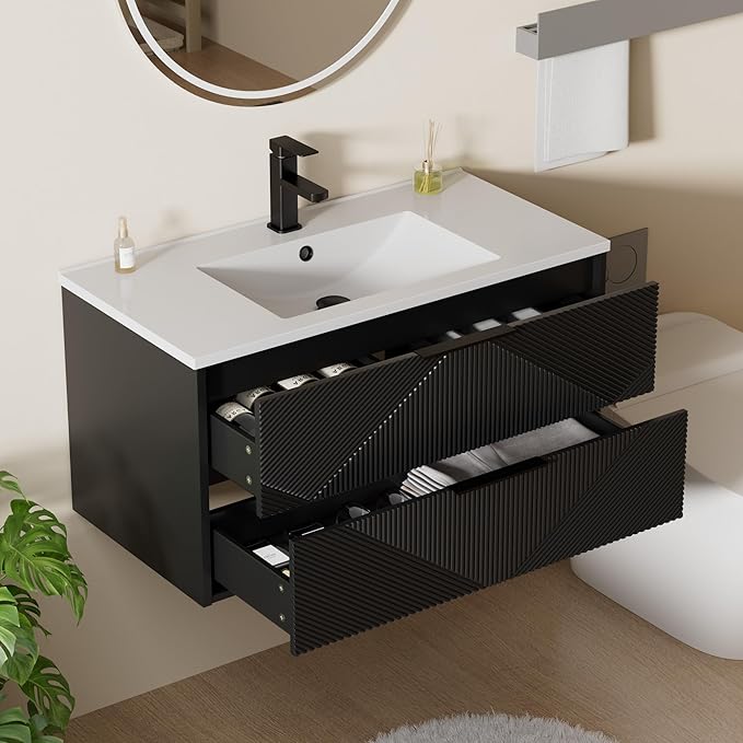 LUCKWIND 36" Floating Bathroom Vanity with Sink Combo, Wall Mounted Floating Cabinet with 2 Large Soft-Close Drawers & Water Saving Faucet, Geometric Textured Design in Black