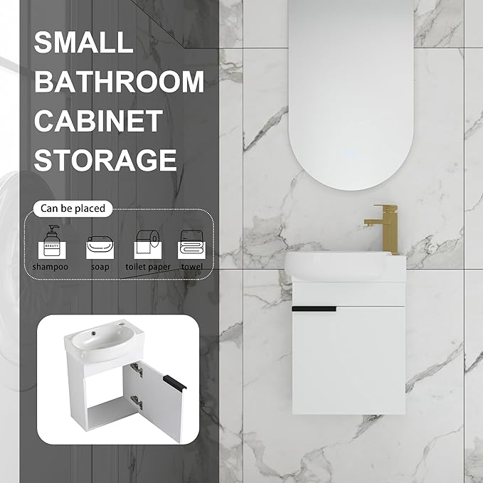 16 Inch Floating Vanity with Sink, 16'' Wall Mounted Bathroom Cabinet for Small Bathrooms, Ceramic Basin & Soft-Closed Door, White Modern Vanity Set