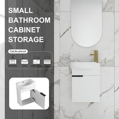 16 Inch Floating Vanity with Sink, 16'' Wall Mounted Bathroom Cabinet for Small Bathrooms, Ceramic Basin & Soft-Closed Door, White Modern Vanity Set