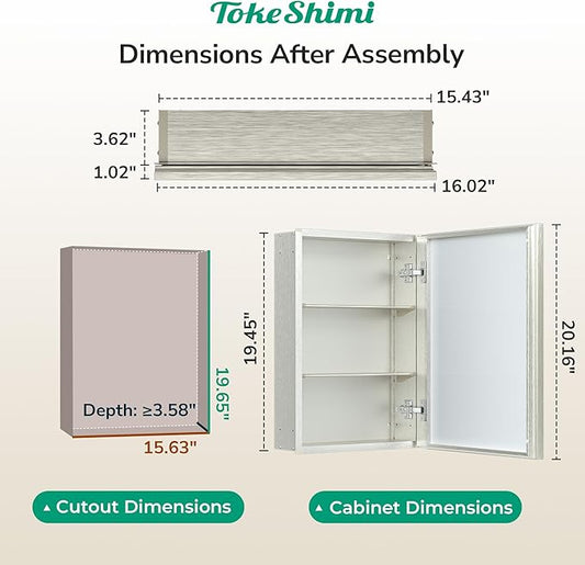 TokeShimi 16 x 20 Medicine Cabinet with Mirror, Assembly Required, Brushed Nickel Bathroom Recessed Medicine Cabinet with Mirror, Stepless Adjustable Shelves, Beveled Aluminum Frame, DTC Hinge