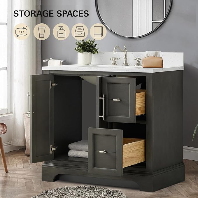 HOMEBEYOND 36 Inch Bathroom Vanity with Single Sink & Ceramic Top, Vanity Cabinet with Center Countertop Basin, Soft-Closing Doors, Backsplash,Sliver Grey
