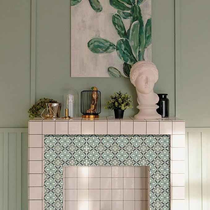 36 Pcs 4 Style Gray Pattern Peel and Stick Tile Sticker, 4x4inch | Cyan Pattern Wall Stickers Waterproof Self Adhesive Stick on Tile Decals for Kitchen Bathroom Art Decor