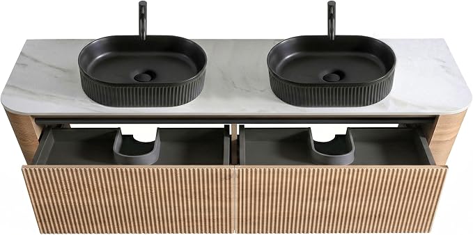 72" Preassembled Double Floating Bathroom Vanity with Black Sink, Oak | Mid-Century Modern Style, Fluted & Soft-Close Drawer with U-shaped Wall, Sinterted Stone Countertop, Towel Rack Included