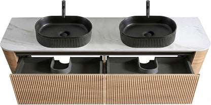 72" Preassembled Double Floating Bathroom Vanity with Black Sink, Oak | Mid-Century Modern Style, Fluted & Soft-Close Drawer with U-shaped Wall, Sinterted Stone Countertop, Towel Rack Included