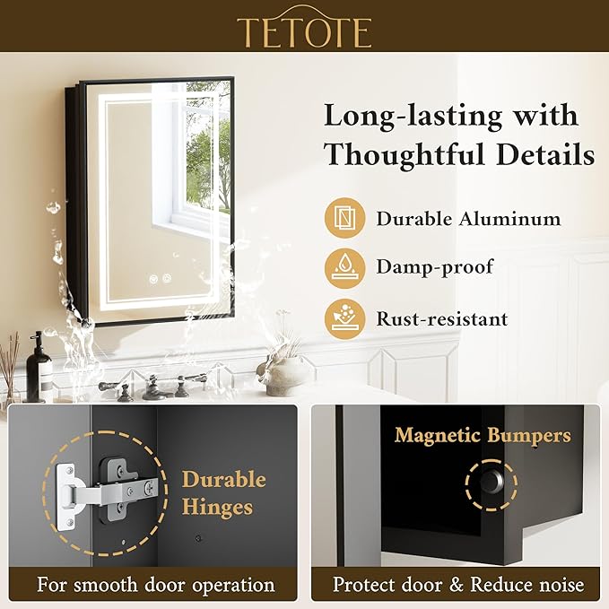 TETOTE Black Lighted Medicine Cabinet with Tempered Glass Mirror 16 x 24 Black Metal Led Recessed Medicine Cabinet for Bathroom with Lights and Storage, 3 Color Dimming, Anti-Fog, 2 Outlets