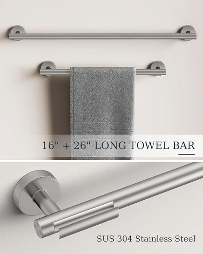 Brushed Nickel Bathroom Accessories Set SUS304 Stainless Steel 6 Pieces | Evolvegoods Bathroom Hardware Set, 16&26 Inch Bath Towel Bar Set, 2 Towel Hooks, Toilet Paper Holder, Towel Racks