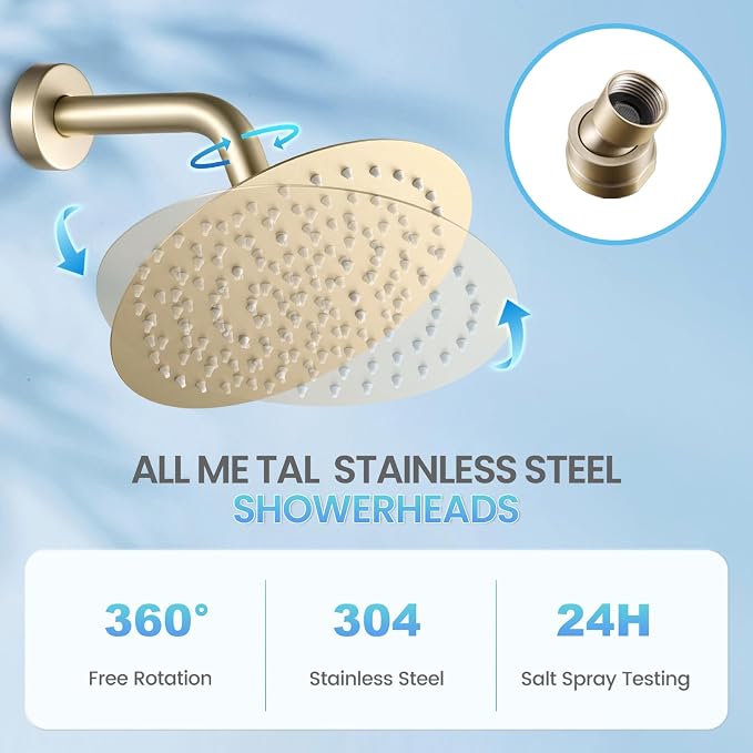 Brushed Gold Round Rainfall Shower Head, All Metal Stainless Steel Rain Shower Heads with 90 Anti-Clog Silicone Nozzles, Wall or Ceiling Mount, 8 inch