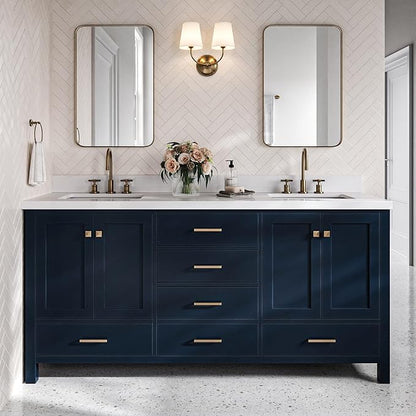 DKB Beckford 72 Inch Bathroom Vanity Double Sink — Midnight Blue Bathroom Vanity with Sink, 1.5" Edge Pure White Quartz Countertop & Backsplash, 4 Soft-Close Doors, 6 Dovetail Drawers