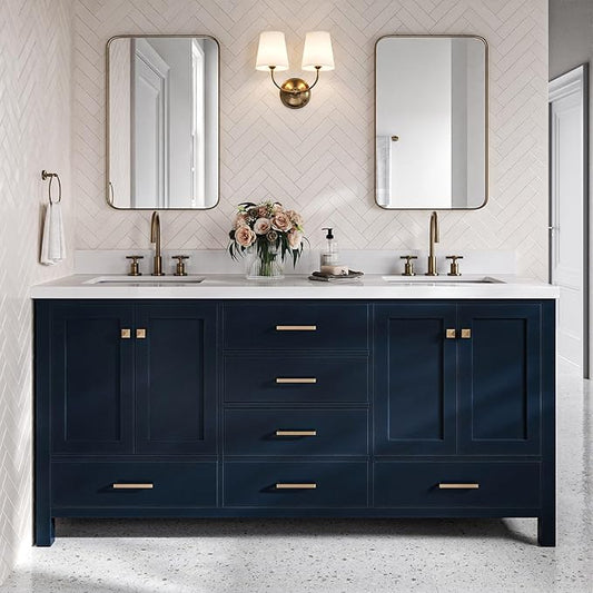 DKB Beckford 72 Inch Bathroom Vanity Double Sink — Midnight Blue Bathroom Vanity with Sink, 1.5" Edge Pure White Quartz Countertop & Backsplash, 4 Soft-Close Doors, 6 Dovetail Drawers
