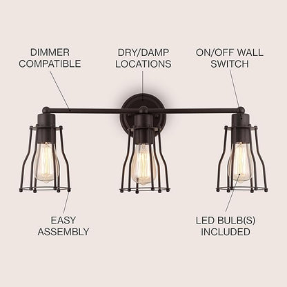 JONATHAN Y 24" Oil Rubbed Bronze Modern Industrial Metal Vanity Light, Bathroom Sconce for Mirror, Reversible 3-Light Wall Lamp with Metal Cage Shade for Hallway, LED Bulb Included (JYL7421A)