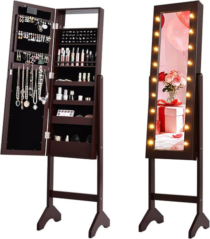 NAFORT 18 LED Lights Standing Mirror Jewelry Cabinet, Large Storage Mirror Full Length, Jewelry Armoire with Lipstick Holders, Shelves, Earring Notches, Inside Makeup Mirror, Brown