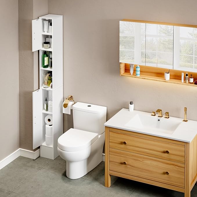 MOHOPE Narrow Bathroom Storage Cabinet, 72" Tall Slim Bathroom Cabinet with 2 Doors & Adjustable Shelves, Skinny Freestanding Floor Cabinet for Small Spaces, Living Room, White