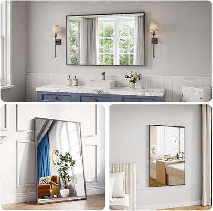 Koonmi Bathroom Mirror for Wall, 30"x48" Black Bathroom Mirror for Over Sink, Shatterproof Tempered Glass Vanity Mirror with Anti-Rust Aluminum Alloy Frame, Hang Horizontally or Vertically