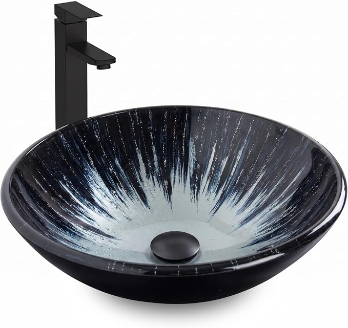 Bathroom Artistic Sink, Tempered Glass Vanity Round Bowl, Midnight Blue | Black Faucet, Pop Up Drain, Above Counter, Easy Clean