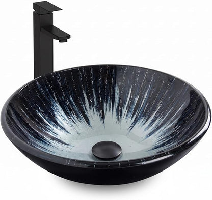 Bathroom Artistic Sink, Tempered Glass Vanity Round Bowl, Midnight Blue | Black Faucet, Pop Up Drain, Above Counter, Easy Clean
