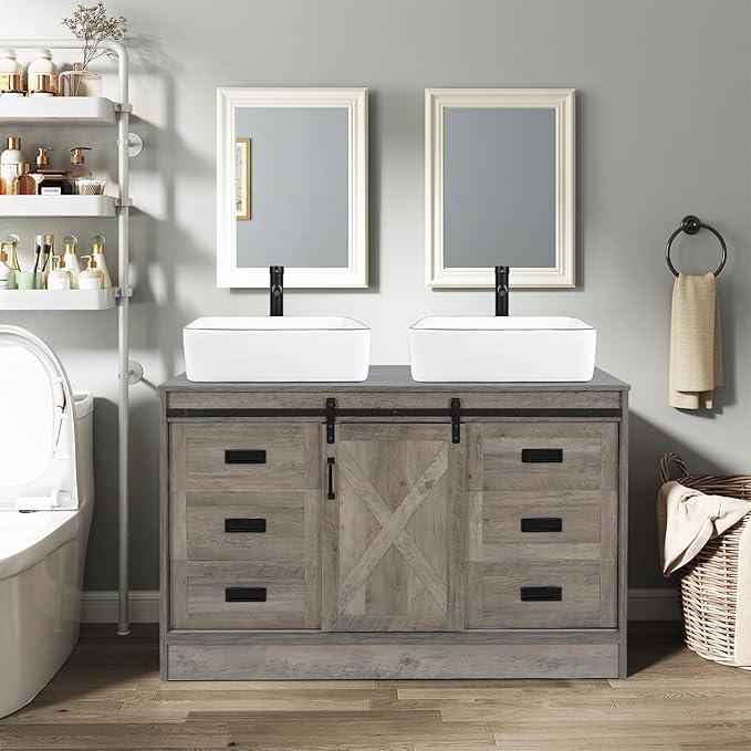 48" Barn Door Bathroom Vanity with 6 Drawers, Farmhouse Style Standing Pedestal Cabinet Without Sink