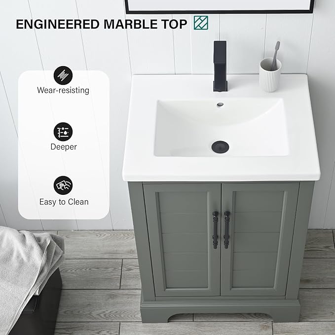 HOMEBEYOND 24 Inch Bathroom Vanity with Single Sink & Ceramic Top, Vanity Cabinet with Center Countertop Basin, Soft-Closing Doors,Vintage Green