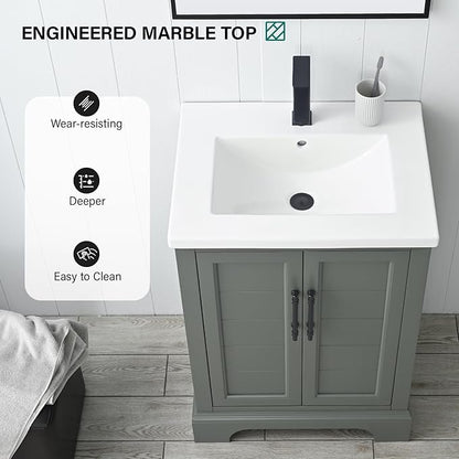 HOMEBEYOND 24 Inch Bathroom Vanity with Single Sink & Ceramic Top, Vanity Cabinet with Center Countertop Basin, Soft-Closing Doors,Vintage Green