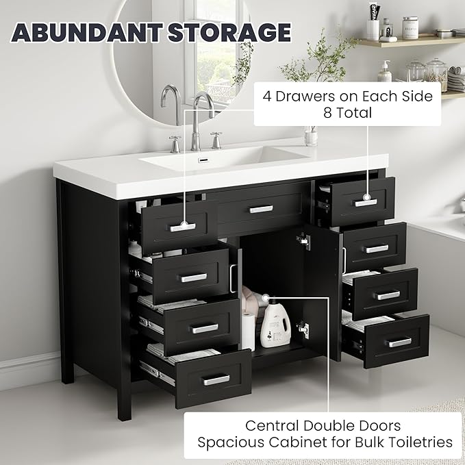 Harper & Bright Designs 48" Bathroom Vanity Set with Sink, Free Standing Single Basin Vanity Set with 2 Soft-Close Doors and 8 Drawers, Wood Storage Cabinet with Resin Basin for Bathroom, Black