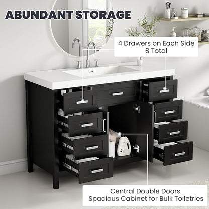 Harper & Bright Designs 48" Bathroom Vanity Set with Sink, Free Standing Single Basin Vanity Set with 2 Soft-Close Doors and 8 Drawers, Wood Storage Cabinet with Resin Basin for Bathroom, Black