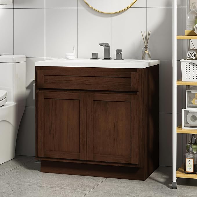 HomeBeyond 39 Inch Bathroom Vanity Base Only, Single Vanity Cabinet with Double Soft Closing Door, Composable Floor Mount Cabinets Without Top, Rustic Brown