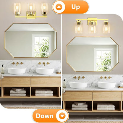 19” Bathroom Light Fixtures Over Mirror, 3-Light Gold Vanity Light | Square Clear Glass & Durable Metal, Quick & Easy Installation, Standard E26 Socket, Bright Bathroom Lighting