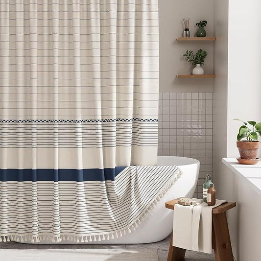 AmazerBath Boho Shower Curtain, Modern Farmhouse Shower Curtain Set with Tassels, Rustic Faux Linen Navy Blue Striped Shower Curtain with Hooks, Light Tan Toned, 72x72 Inches