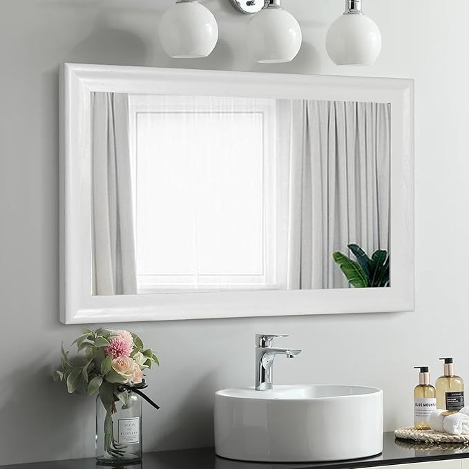 Tanmicoshomy White Bathroom Mirror 20x30 Inch, Wood Wall Mirror with Tempered Glass for Bathroom Living Room Bedroom or Hallway