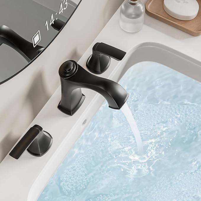 Matte Black Bathroom Faucet 3 Hole, Sanliv Widespread Bathroom Sink Faucet with Pop-Up Drain, 2 Handles Modern Vanity Faucet for 4-8 Inch Wide Spread Sinks, ‎Matte Black