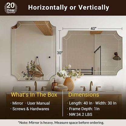 30x40 Scalloped Bathroom Mirror, Gold Rectangle Wall Mirror with Scallop Corner, Non-Rusting Vanity Mirror with Curved Cutouts, Well Made Antique Mirror Hangs Horizontal & Vertical