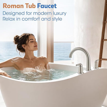 Roman Tub Faucet 3 Hole Deck Mount Tub Filler High Flow Nickel | With Ceramic Valve, Solid Brass, High Arch Bathtub Faucet, 2-Handle Design, Widespread Mount, Garden Bath Tub Faucet