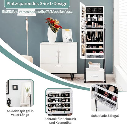 COSTWAY Jewellery Cabinet with Mirror, Jewellery Mirror Cabinet with Drawer, on Wheels, Lockable, Freestanding, 42 x 38 x 157 cm (White)
