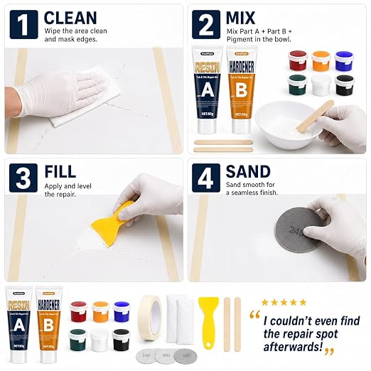 6-Color Tile Repair Kit for Porcelain Sink: DIY Fix - Match 90% Shades | Solve ugly patches – 6-color blend matches 90% shades, invisible. Waterproof, heat-proof.