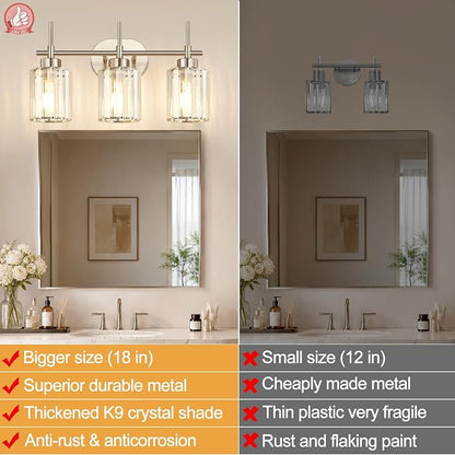 3-Light Bathroom Vanity Light Fixture, Brushed Nickel Bathroom Light with K9 Clear Crystal Shades, Modern Wall Sconce Lighting for Bathroom Mirror, Bedroom, Hallway