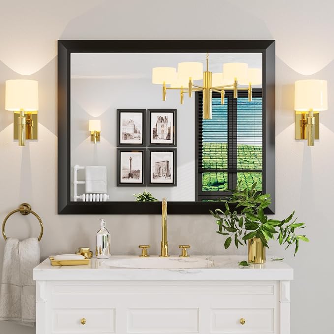 40X32 Inch Bathroom Mirror Black | Thick Metal Framed, HD Reflection, Anti-Rust, Hang Horizontally/Vertically, Suitable for Vanity, Bedroom, Bathroom, Entryway